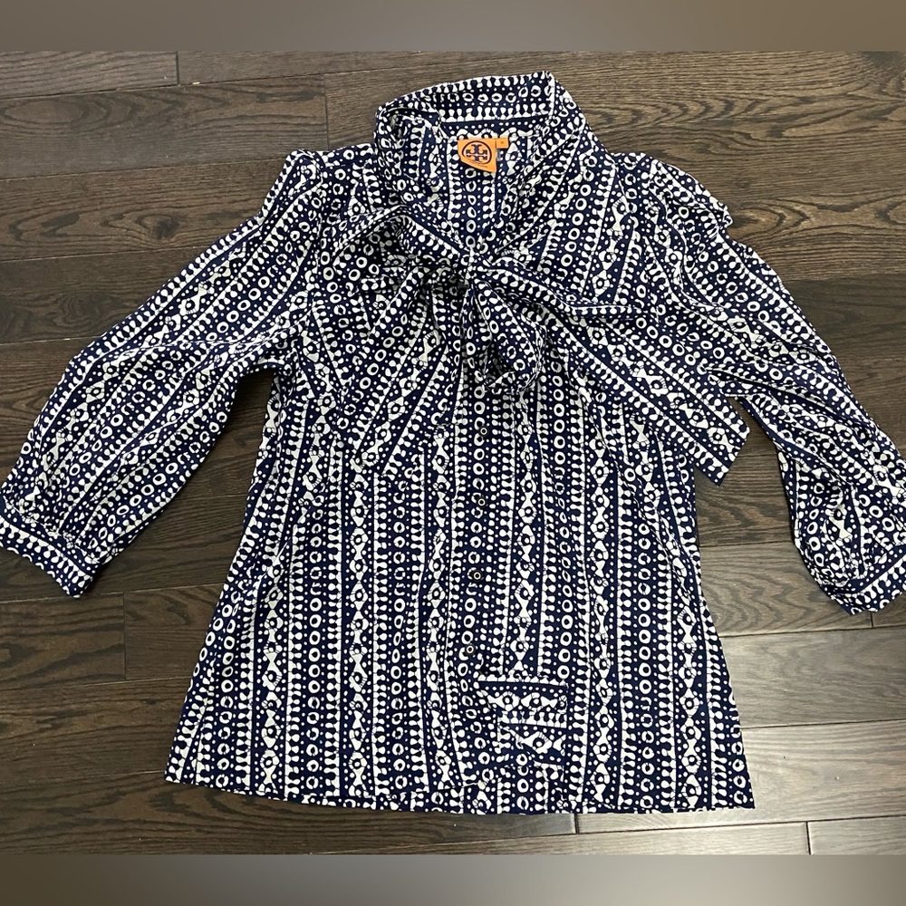 Tory Burch Navy Bow Blouse Size 10